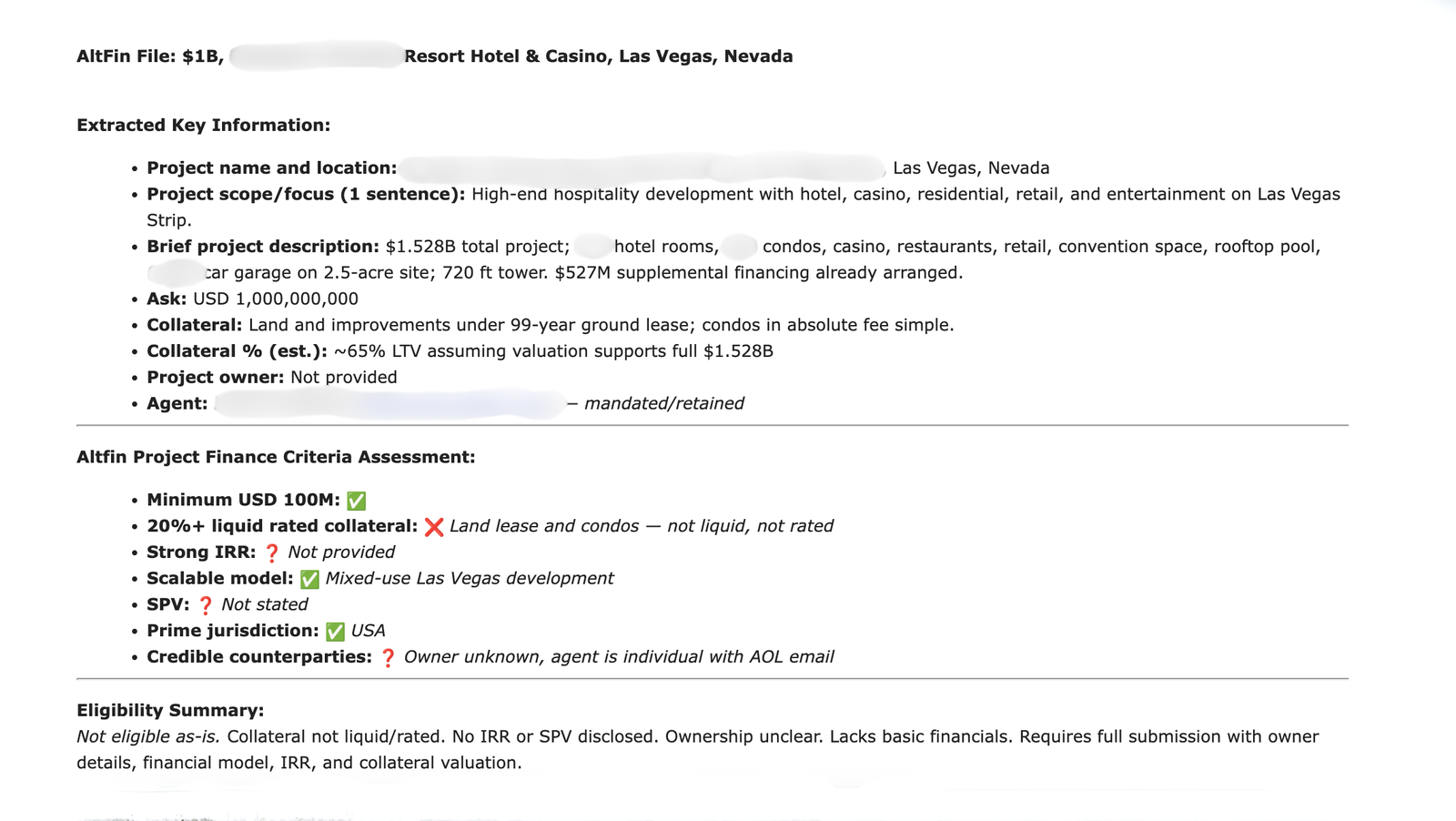 example submission for private debt loan that lands on lenders desk