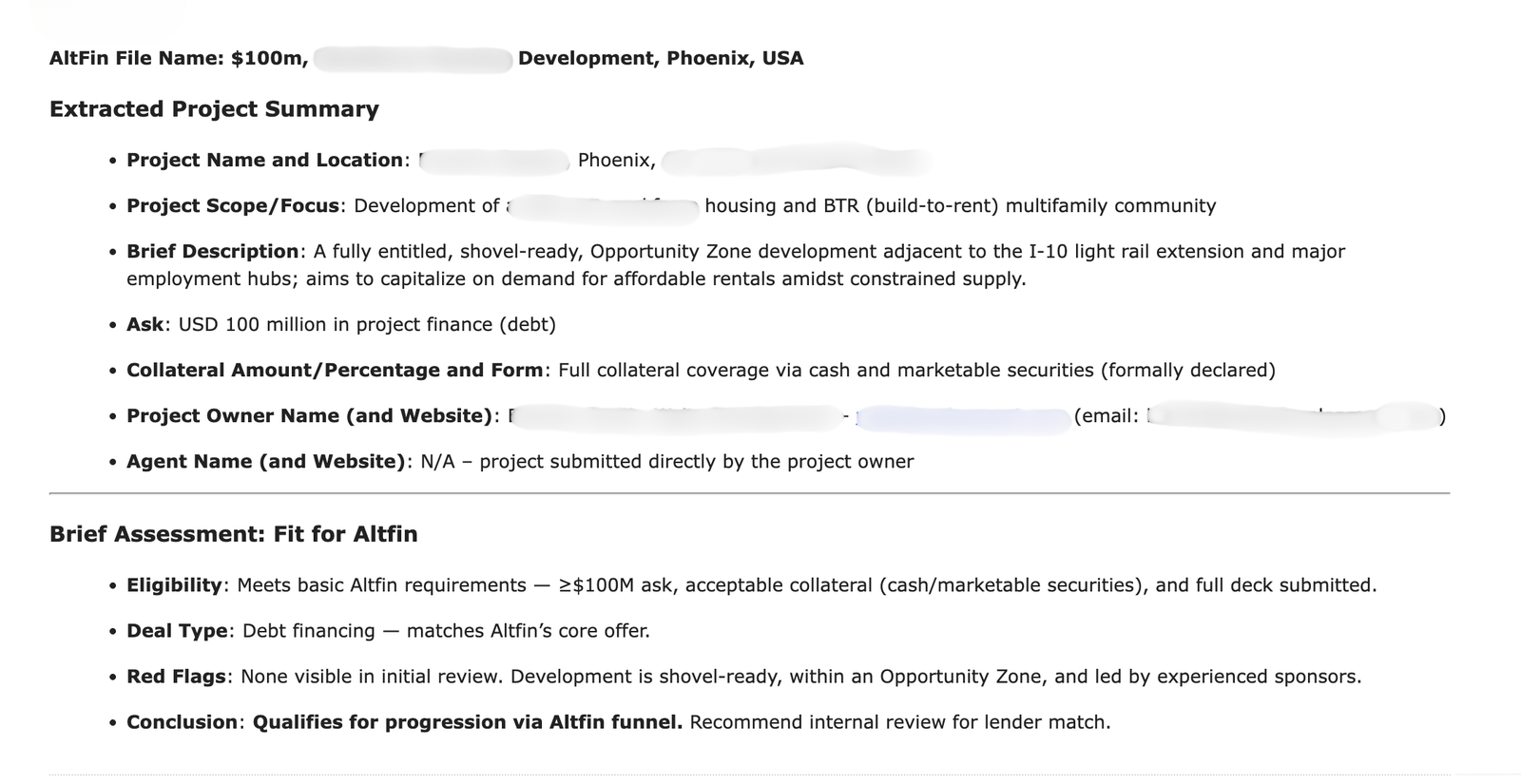 example submission for private debt project finance alrtn.ner provides to lenders